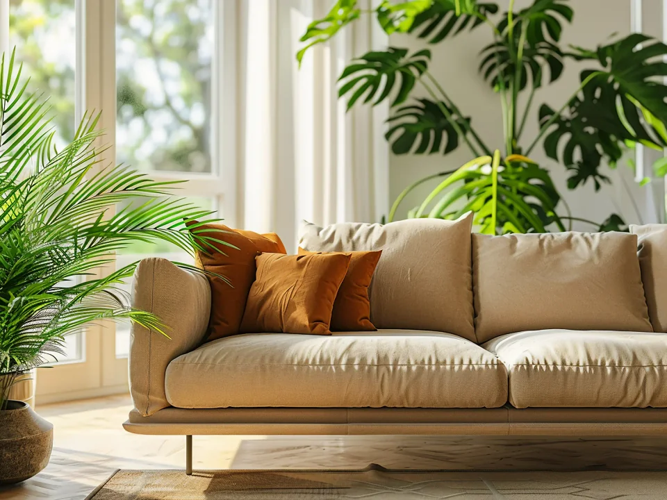 A renewed cream sofa in a bright, green living space