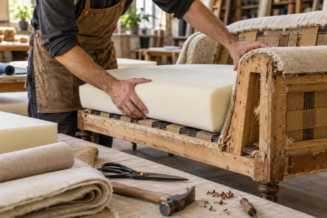 Upholsterer fitting a new foam cushion onto a stripped-back wooden sofa frame with fresh webbing