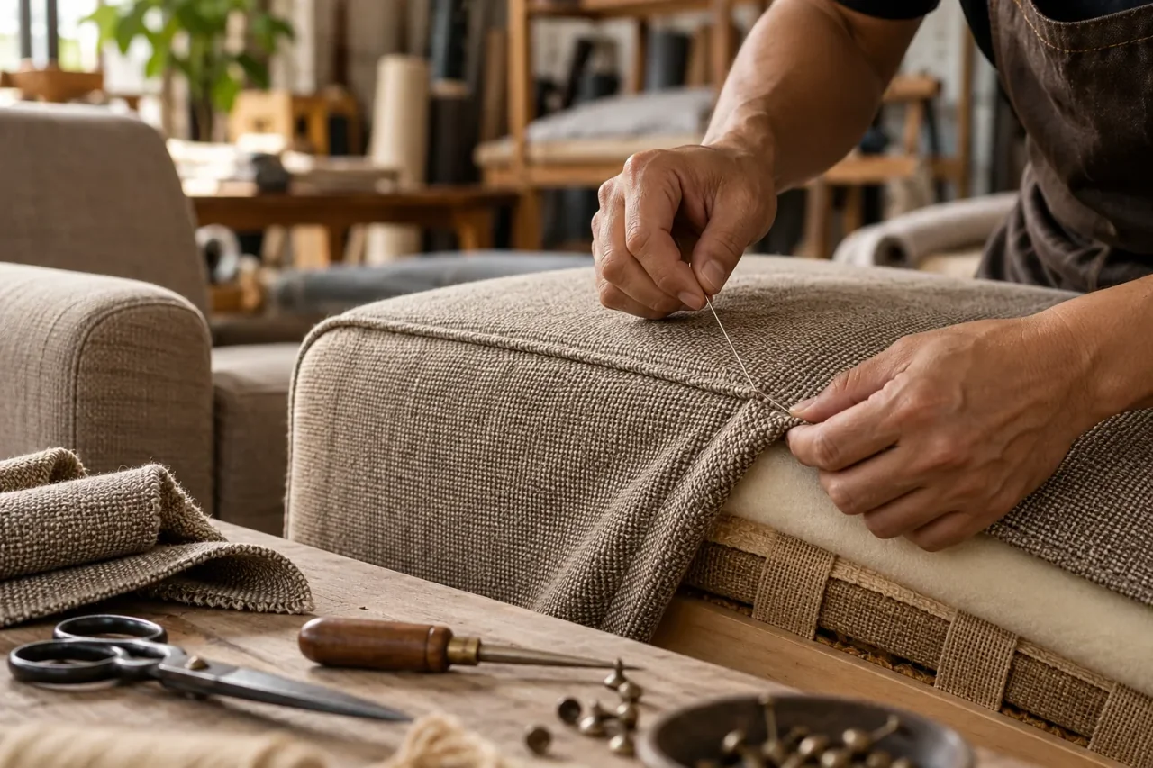 Upholsterer stitching new textured fabric over a sofa seat, with scissors and upholstery tacks on the bench